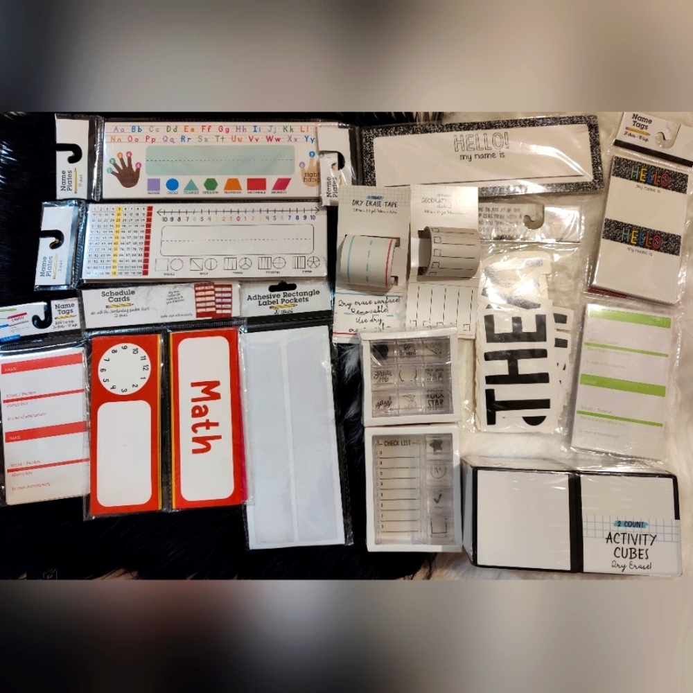 Teacher supplies , stamps, sticky name tags, decorative tape